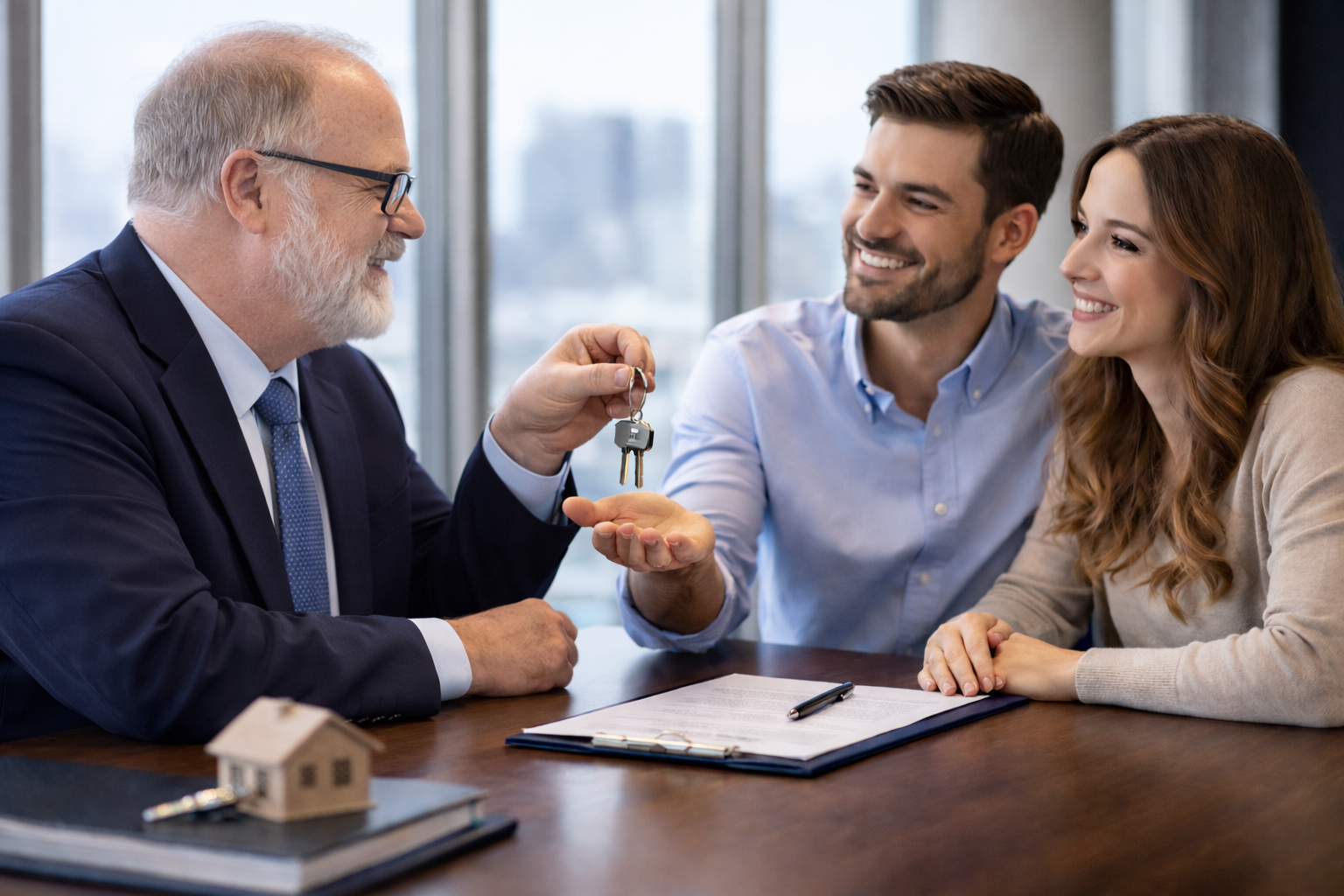 Georgia closing attorneys, Jim Schaefer, Esq., handing new home keys to a buyer and seller at the closing table