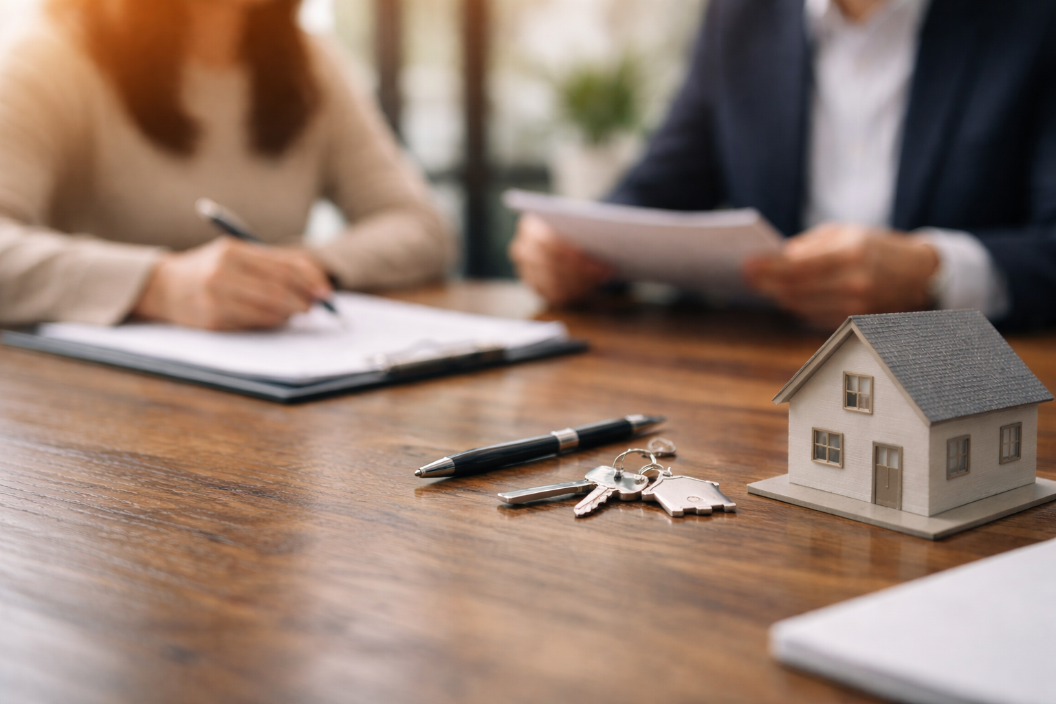 Real estate closing documents with house keys and model home on a desk in a Georgia Closing Attorneys office