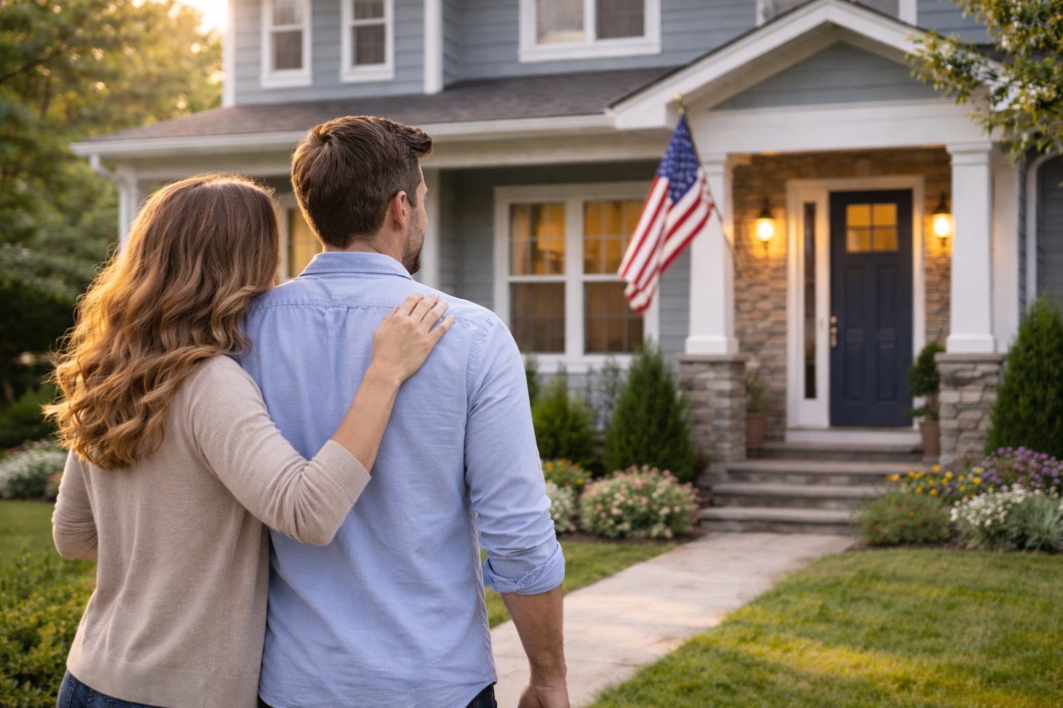 Couple standing in front of their new home in Georgia with house keys
